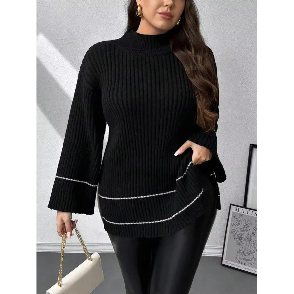 SHEIN Black Turtleneck Sweater White Trim Knitted Pullover 3XL Side Slit Warm
